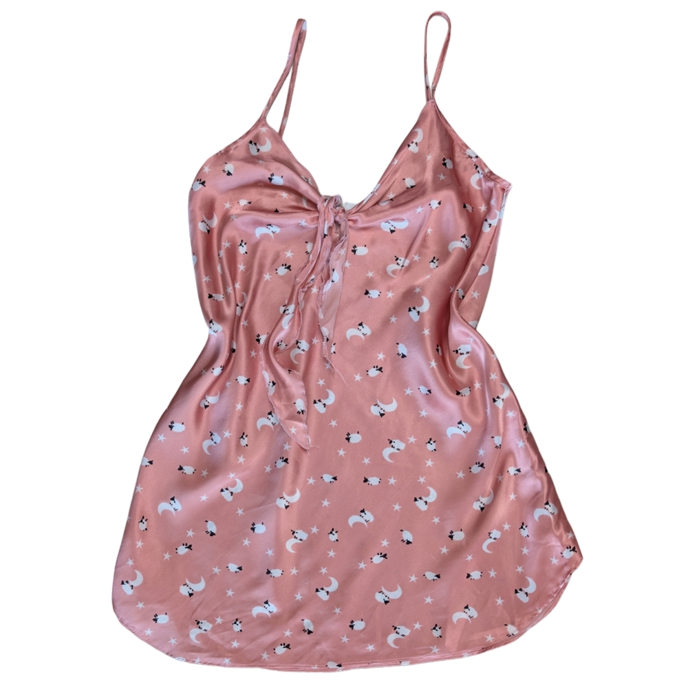 Vintage Secret Treasure Women's Small Pink Satin Mini Slip Dress with Sheep